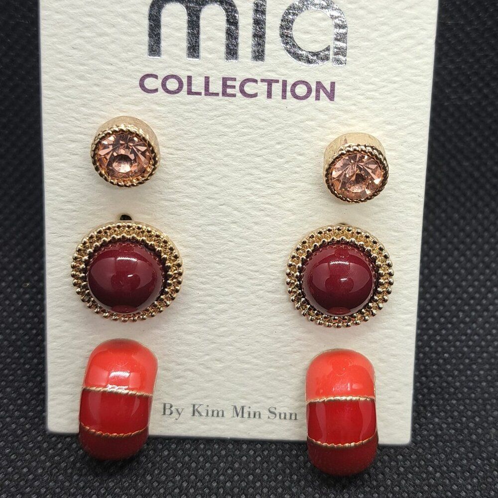 Mia 3 pack Stud Earrings Fall Colors Burgundy, Red, Gold